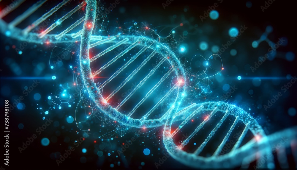 Poster Dynamic digital art of a DNA double helix glowing with neon lights