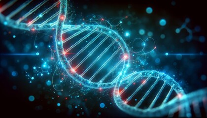 Dynamic digital art of a DNA double helix glowing with neon lights