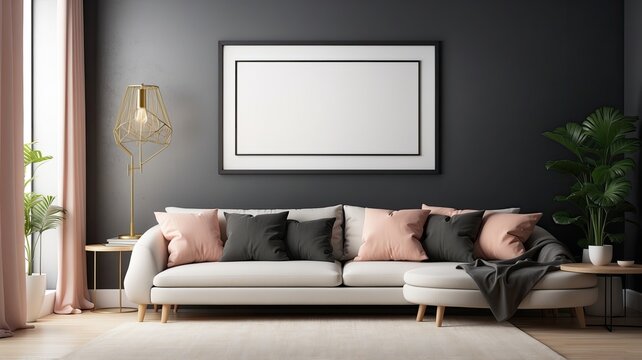 3D model of living room, poster on the wall, background
