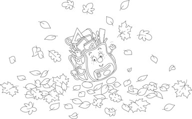 Cartoony characters Schoolbag among autumn leaves friendly smiling and waving in greeting before start of classes in grade school, black and white outline vector illustration for a coloring book
