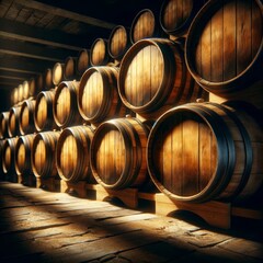 a row of wooden barrels in a dimly lit cellar