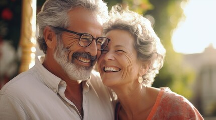 couple senior family smile and happy activity together, cuddling, warm hugs, senior or adult love, married couple, warm family. Husband and wife in love so fun in important days, celebrating. - obrazy, fototapety, plakaty