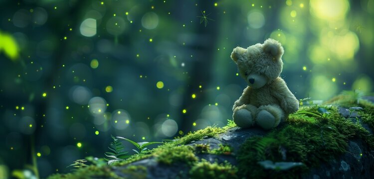 A miniature teddy bear positioned on a moss-covered stone in the heart of an enchanting forest, bathed in the ethereal glow of fireflies.
