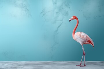 closeup flamingo on soft blue background with copy space