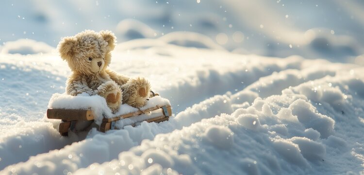 A teddy bear poised on a rustic wooden sled, gliding down a snow-covered hillside, leaving a trail of delicate imprints in its wake.