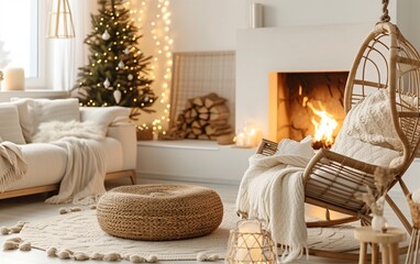a room with a fireplace and a rocking chair