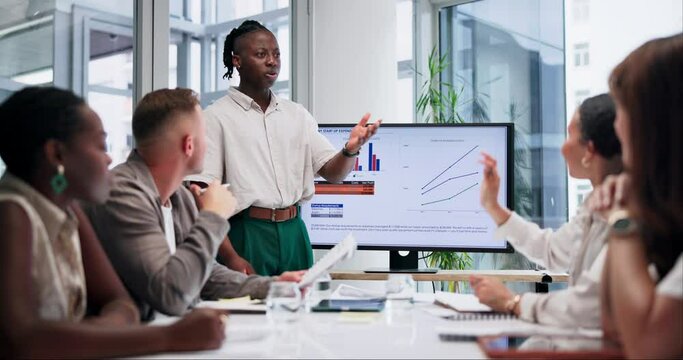 Businessman, question or screen for graphs presentation or data analysis for growth charts. Infographics, financial statistics or African speaker training in budget on monitor in meeting with hand up