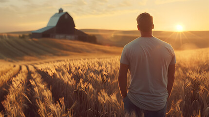 a framer watching the sunset from a field of wheat