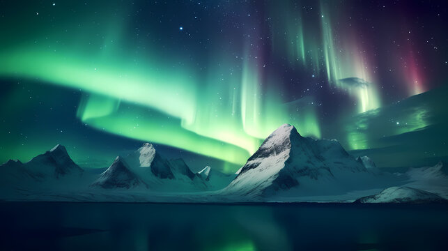 Northern Lights, Aurora Borealis, Snowy Mountains at Night