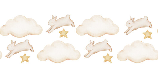 Watercolor pastel seamless border. Bunny on Cloud Watercolor with stars. Cute animal for kids. Little rabbit isollated on white background. Watercolour illustration Baby hare. © Lidia