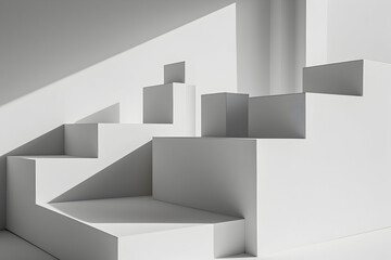 geometric white interior space, stairs, squares, shadows