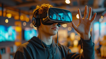 Portrait of amazed young woman in a VR headset explores the metaverse's virtual space. Gaming and futuristic entertainment concept, Man uses metaverse technology in an industrial setting. Neon. Travel