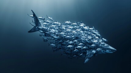 a shark with school of fish swimming in the water