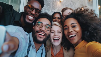 Office selfie. Friendly young biracial workers colleagues have fun at workplace shoot cute silly self picture on phone - Powered by Adobe