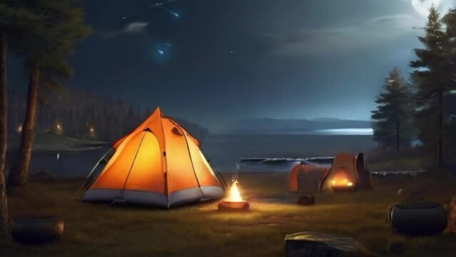 Camping atmosphere at night with the warmth of the fire below. seamless looping time-lapse animation video background

