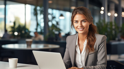 Young happy modern business lady working in a modern office using a laptop.
