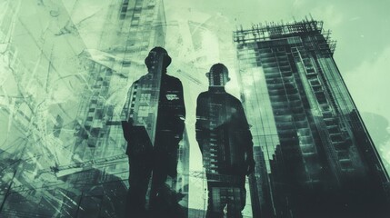 Silhouettes of builders in urban construction, artistic depiction of modern development