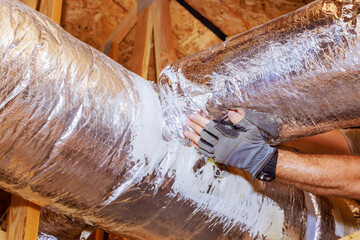 Installation new HVAC ventilation system, air duct pipeline for construction of new house