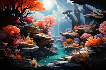 a painting of a coral reef with a waterfall and trees