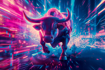 A wireframe bull, symbolizing aggressive financial growth, charges through a vibrant, digital landscape representing the dynamic and fast-paced stock market