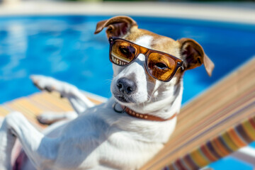 Joyful dog wearing sunglasses lounging on a sun lounger perfect summer and vacation vibes concept.