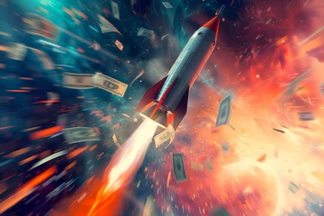 Foto auf Alu-Dibond A sleek rocket cuts through a galaxy of scattered dollar bills, representing an explosive rally in the financial markets and the exhilaration of economic boom © Bruno Mazzetti