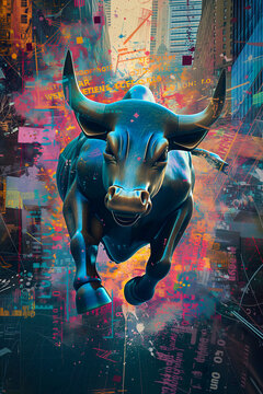 A dynamic bull stands powerfully against a backdrop of urban chaos and fragmented financial data, symbolizing the tumultuous nature of the stock market