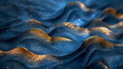 Elegant blue textile waves sprinkled with golden flecks for luxury design - obrazy, fototapety, plakaty