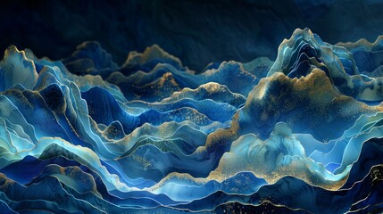Ethereal landscape of abstract mountains in a blue and gold dreamscape