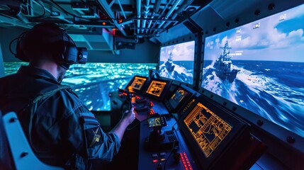 Navigate a virtual reality military ship guided by artificial intelligence equipped with vector technology and advanced vision sensors - obrazy, fototapety, plakaty