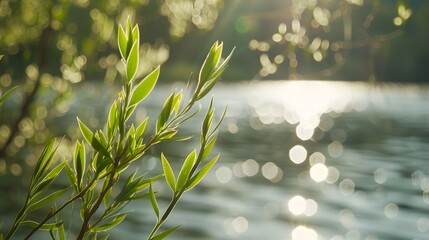 Close-up of a willow tree sprouting by the lake and the sunlight shining on the lake surface