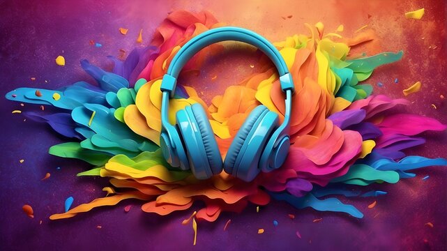 World Music Day banner with headphones on an abstract background of rainbow dust. The colorful design of musical instruments and the Music Day event - Powered by Adobe