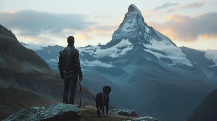The Matterhorn under evening hues a dog in a leather jacket amidst religious serenity - obrazy, fototapety, plakaty
