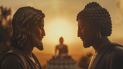 A harmonious exchange between Jesus and Buddha exploring the similarities and differences in their philosophies and teachings