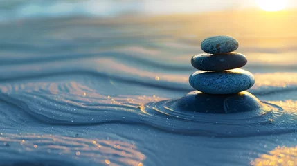 Runde Wanddeko Steine im Sand Zen stones with lines on the sand. Spa therapie and meditation concept