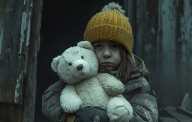cute sad girl with teddy bear, worried kid with toy friend, child abuse concept