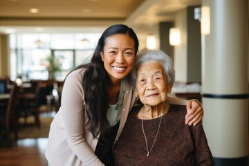 Portrait of a senior woman with a caregiver in nursing home