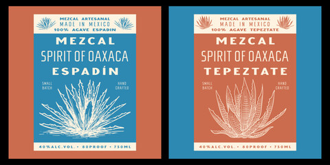Mezcal label design template, espadin and tepeztate - agave plant vintage illustration