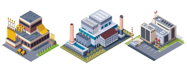 Collection of factory isometric. Architecture of manufactures building. Concept of industrial working plants with chimney tower or pipes. 3d isolated icons set