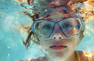 Naklejka premium happy kid at swimming goggles have fun underwater, cheerful girl bathing in pool or sea