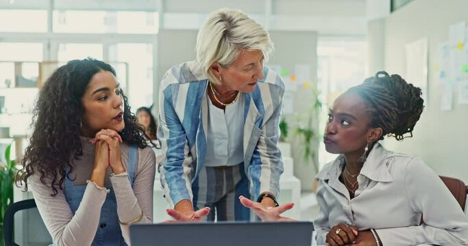 Business people, mentor and training in office with laptop for project review, collaboration and consulting. Teamwork, employees and coaching with feedback, instructions or communication at workplace