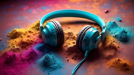 World Music Day banner with headphones on an abstract background of rainbow dust. The colorful design of musical instruments and the Music Day event - obrazy, fototapety, plakaty