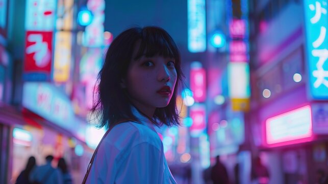 Create a fashion photography setting in an Asian style under the beautiful night sky of a neon lit city with the authenticity of NASA images