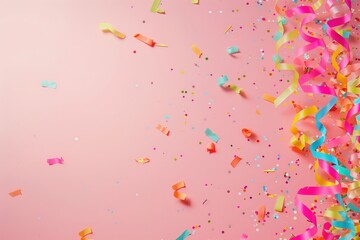 Fototapeta na wymiar A coral pink canvas bursts with life, scattered with dynamic multicolored confetti and lively streamers, perfect for joyous occasions and festive designs