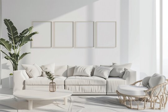 A serene minimalist living room design featuring a cozy white sofa, elegant rattan accent chair, and a trio of blank photo frames on a clean white wall, awaiting personalization.