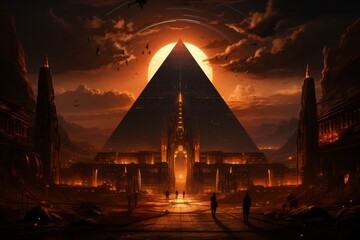 a large pyramid is lit up at night with a large sun behind it - obrazy, fototapety, plakaty