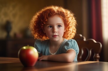 Fototapeta na wymiar a little girl with curly red hair, in a blue dress, sits at a wooden table, her hands lie on the table, she holds an apple in her hand