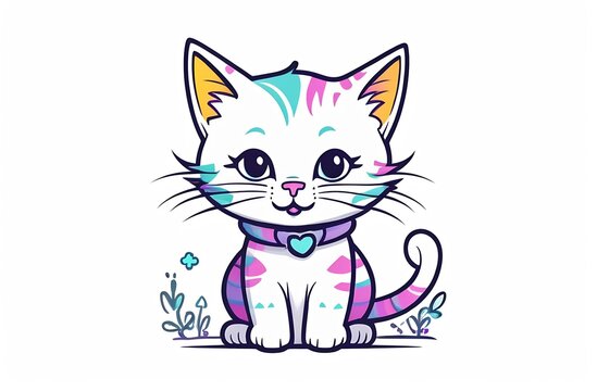 Cute cartoon illustration, small white kitten with colored spots in a lilac collar. Print for children's clothing, for children's items