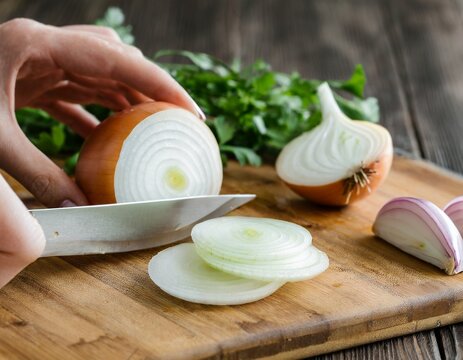 scheiden einer Zwiebel auf dem Holzbrett 