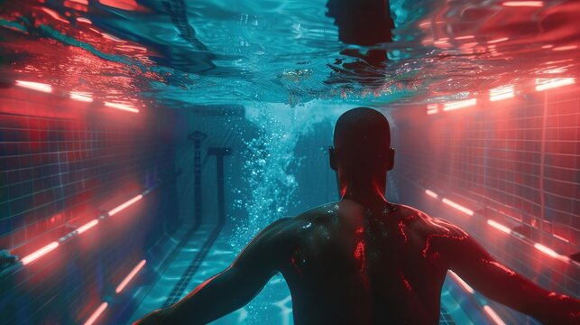 Design a scene where a B boy trains under neon lights with the contrasting image of a professional swimmer training underwater in an isolated abyss